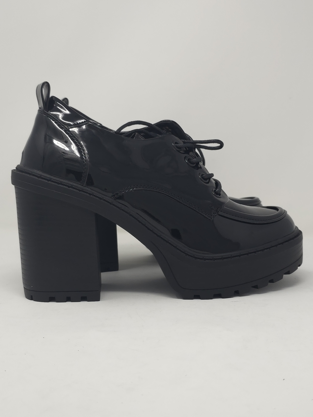 Black Patent Platform Oxford Heels Chunky Lug Sole Lace Up Trendy - Picture 3 of 10